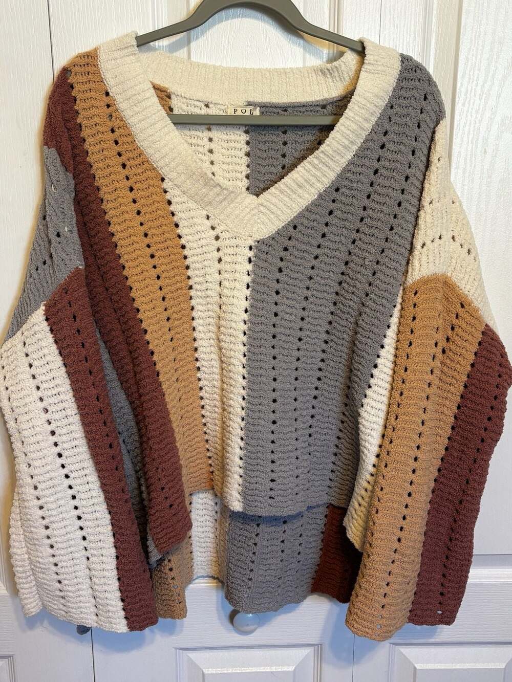 POL Chenille Oversized Sweater Size S Multicolored Striped V-Neck